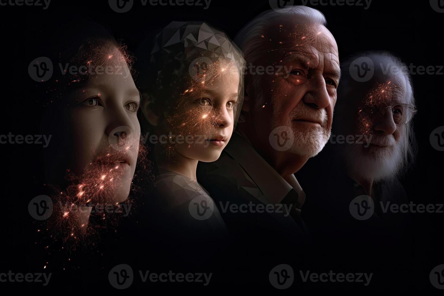 Different generations of family stand together against dark abstract background. photo