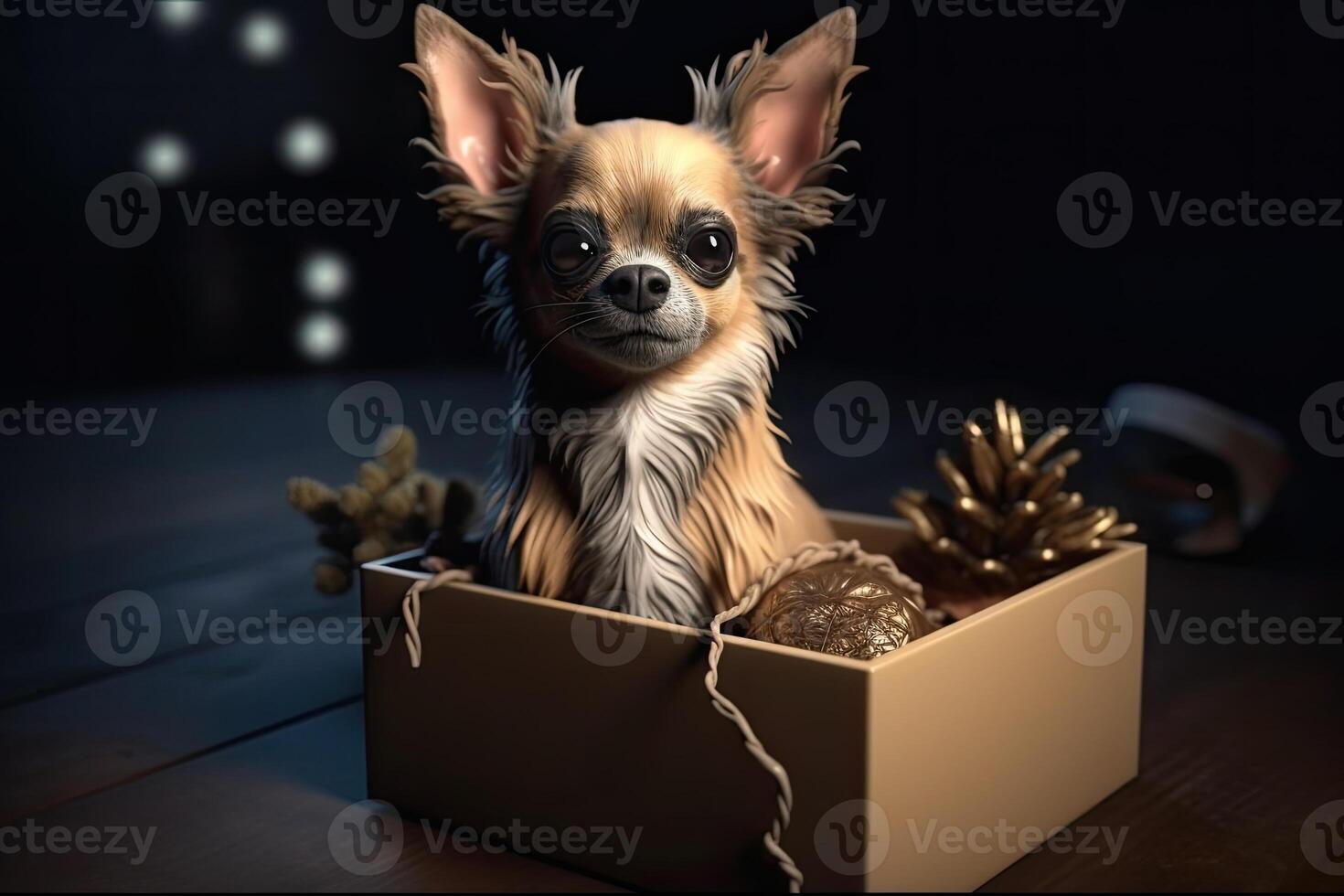 Cute dog looking out from gift box. Pet as present. photo