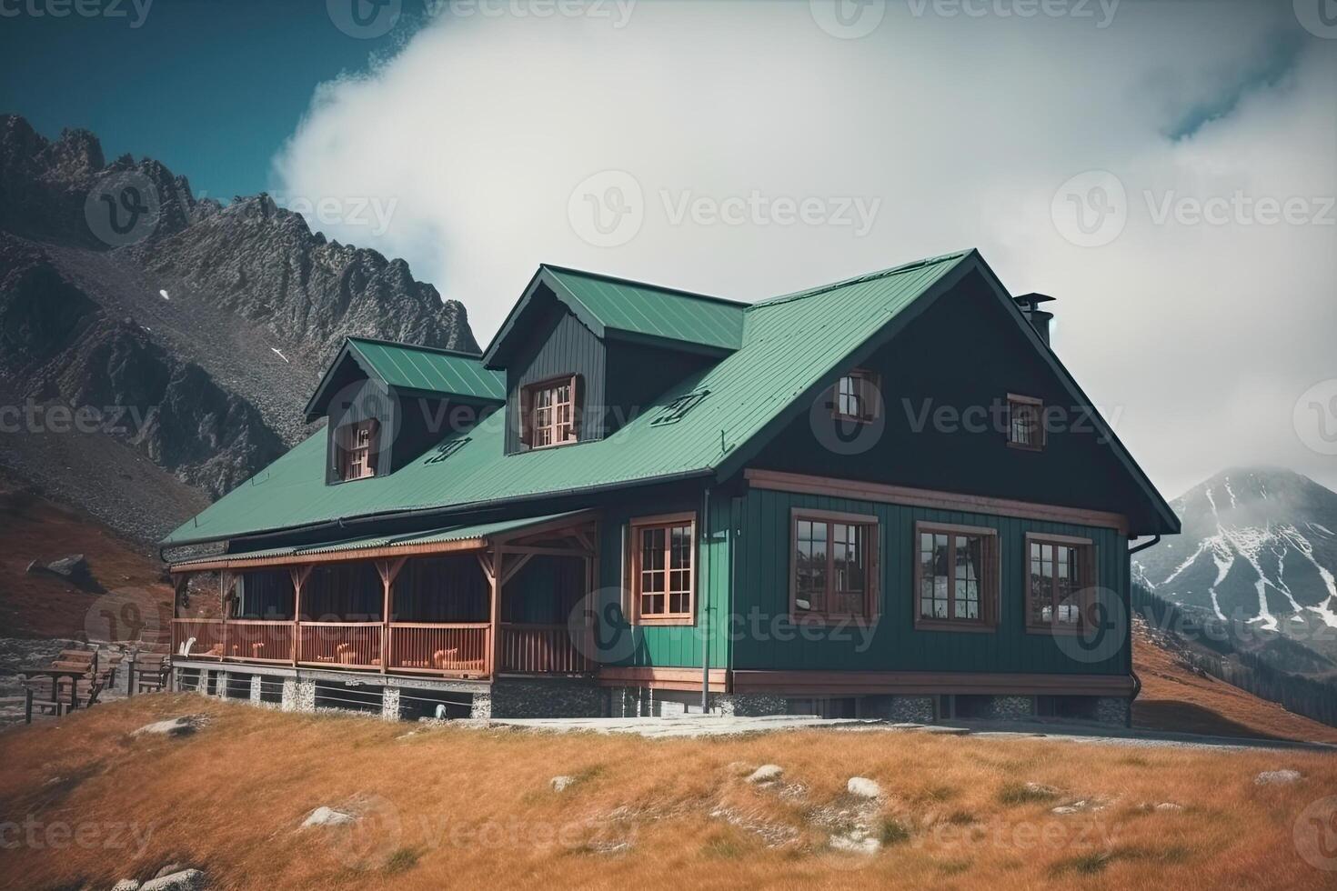 cabaña en naturaleza. presentar en montañas. generativo ai foto