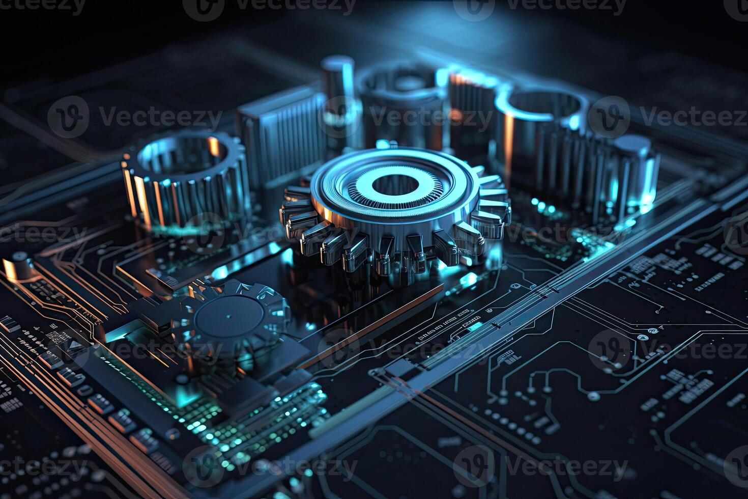 Digital gear wheels on circuit board. High technology engineering. photo