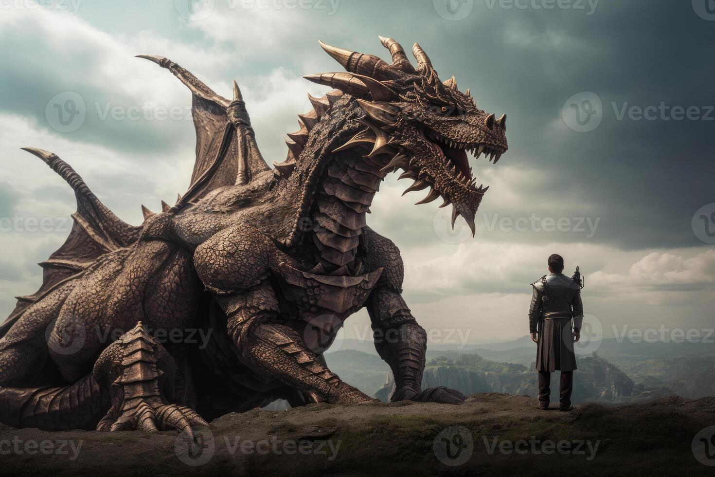 Man stands in front of huge dragon, fantasy world. photo