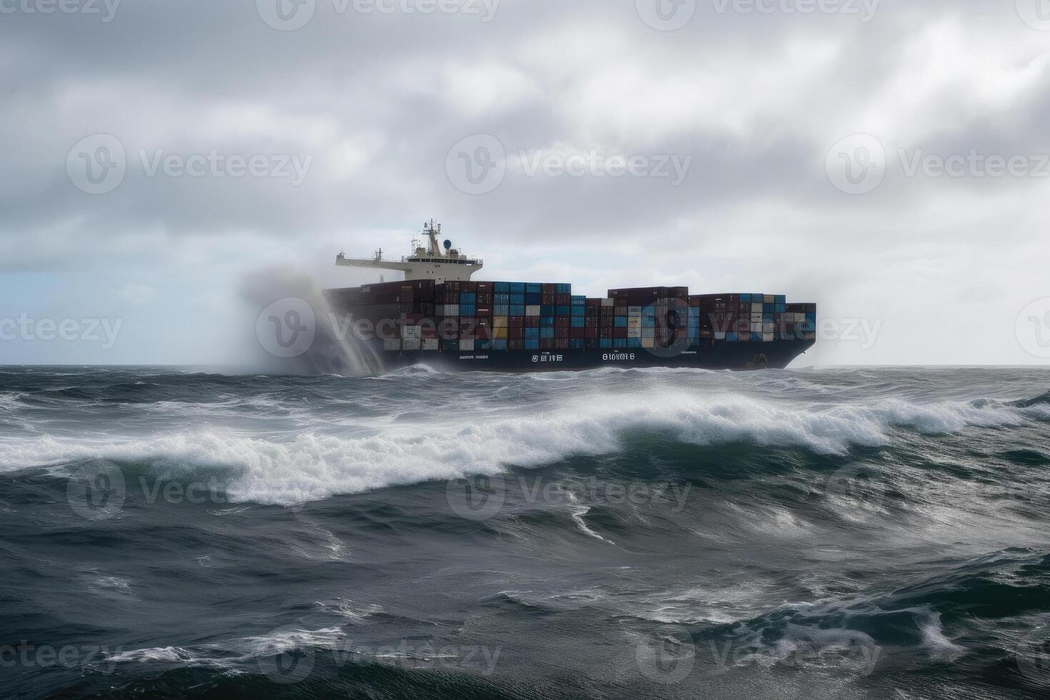 Wrecked cargo ship with conatiners in stormy sea with large waves. photo