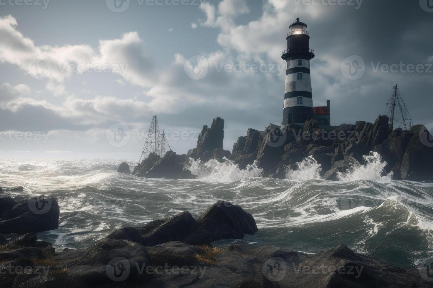 Sea landscape with stormy waves and lighthouse. Navigation for ships. photo