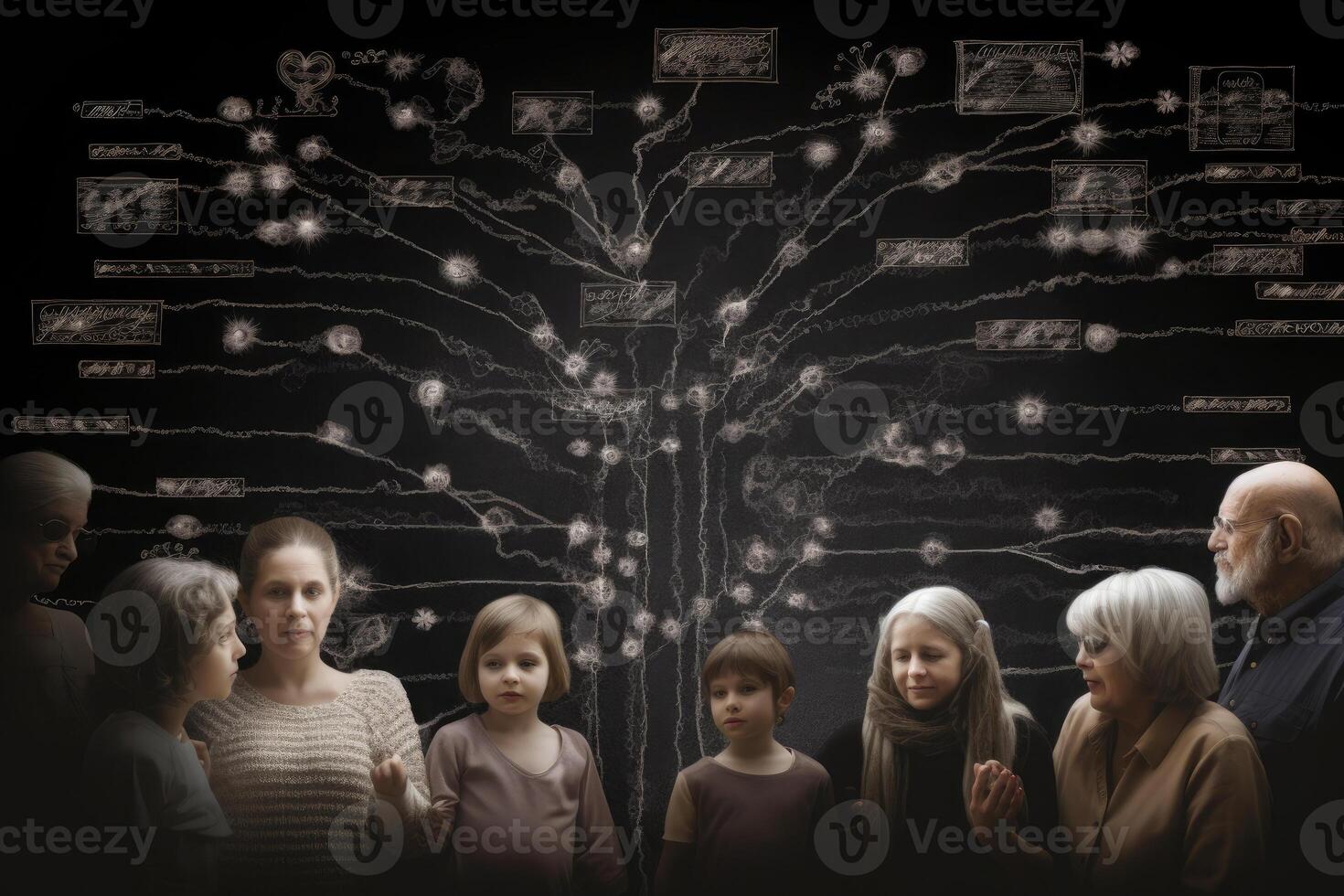 Family tree with portraits of relatives. Genealogy concept. photo