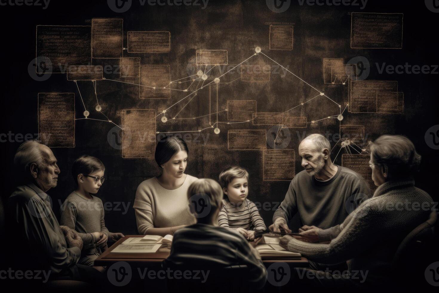 Different generations of family stand together against dark abstract background. photo