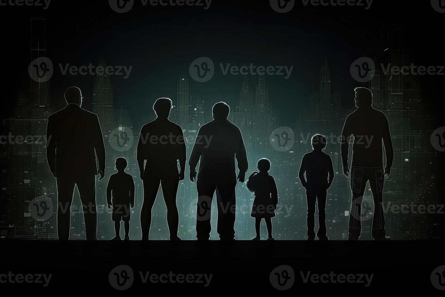 Different generations of family stand together against dark abstract background. photo