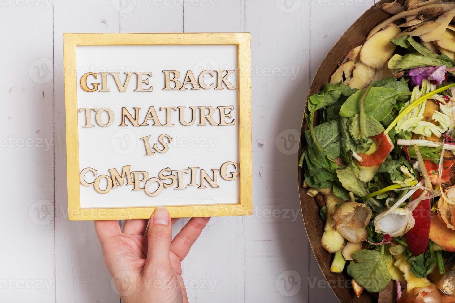 Give back to nature is composting motivation text with organic garbage for compost photo