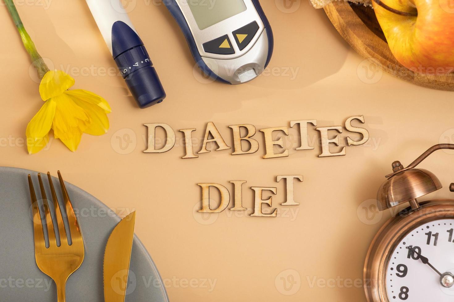 Diabetes diet text. A glucometer and a plate with cutlery on colored background flat lay, top view photo