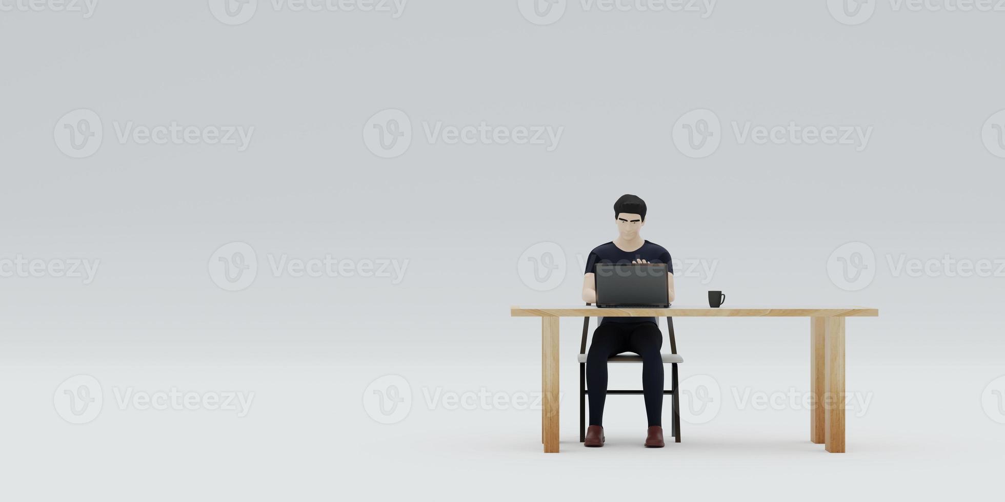 hombre sentado a trabajo en el mesa con un cuaderno y computadora 3d ilustración foto