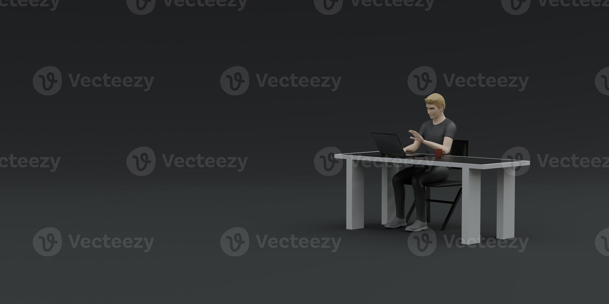 man sitting at work on the table with a notebook and computer 3D illustration photo