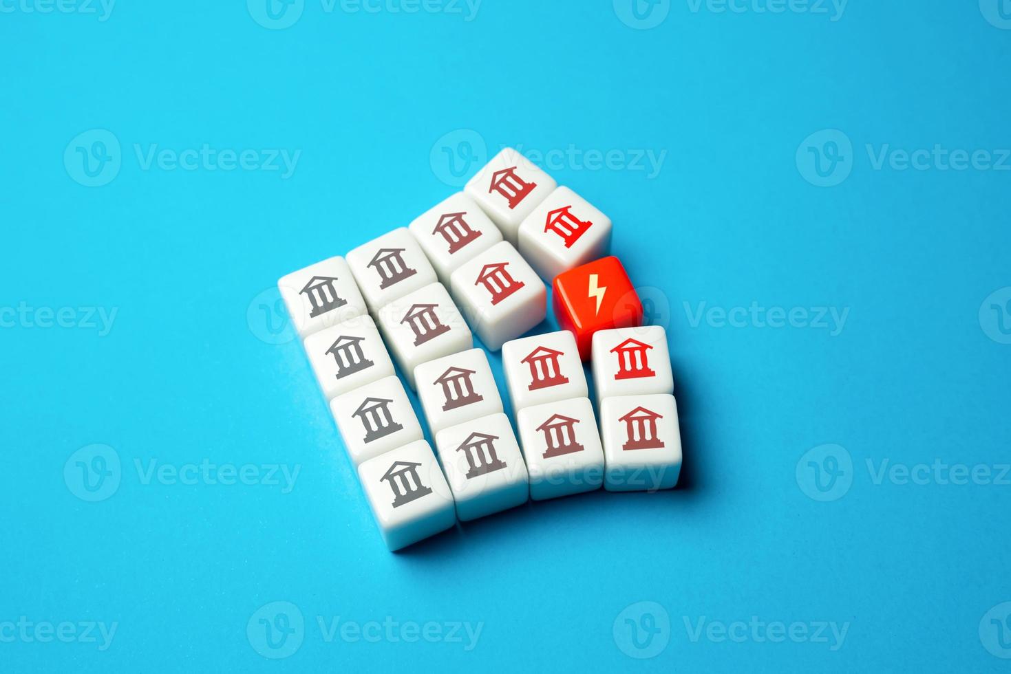 The crisis destroys the national banking financial system. Bankruptcy. Threat to state existence. Bank fall. Stress test. High percentage of problem loans. Incoming lawsuits. Economy collapse photo