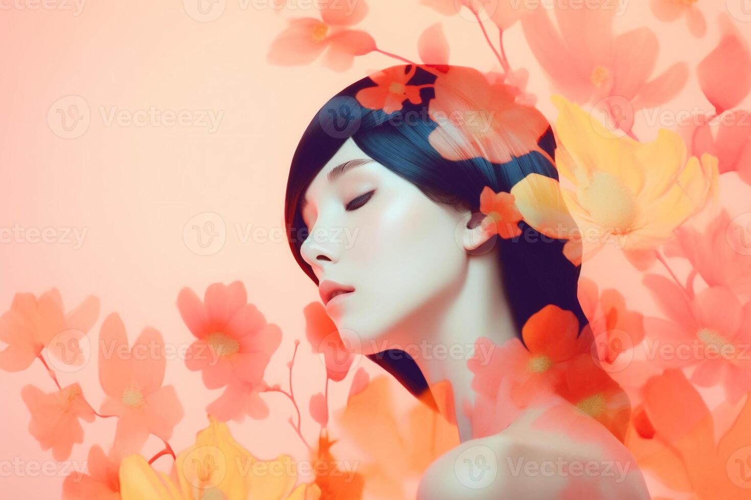 woman with colorful flowers, spring concept photo