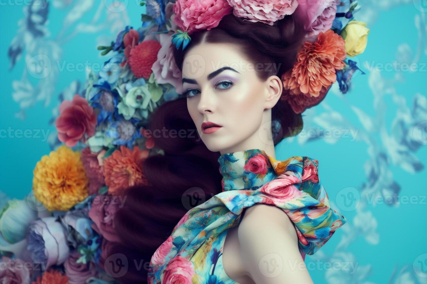 ai generado mujer con vistoso flores, primavera concepto foto