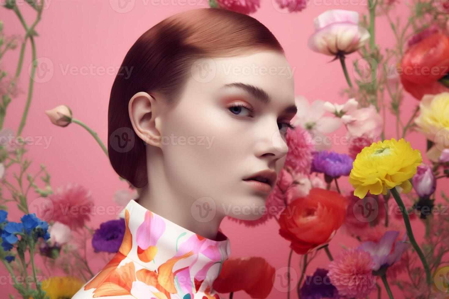 woman with colorful flowers, spring concept photo