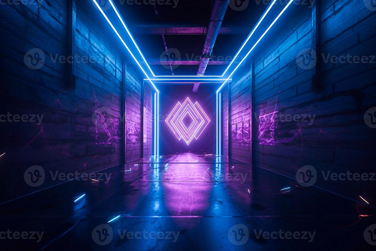 Futuristic room with neon cyberpunk lines and decoration 3d illustration. Sci-Fi background. photo