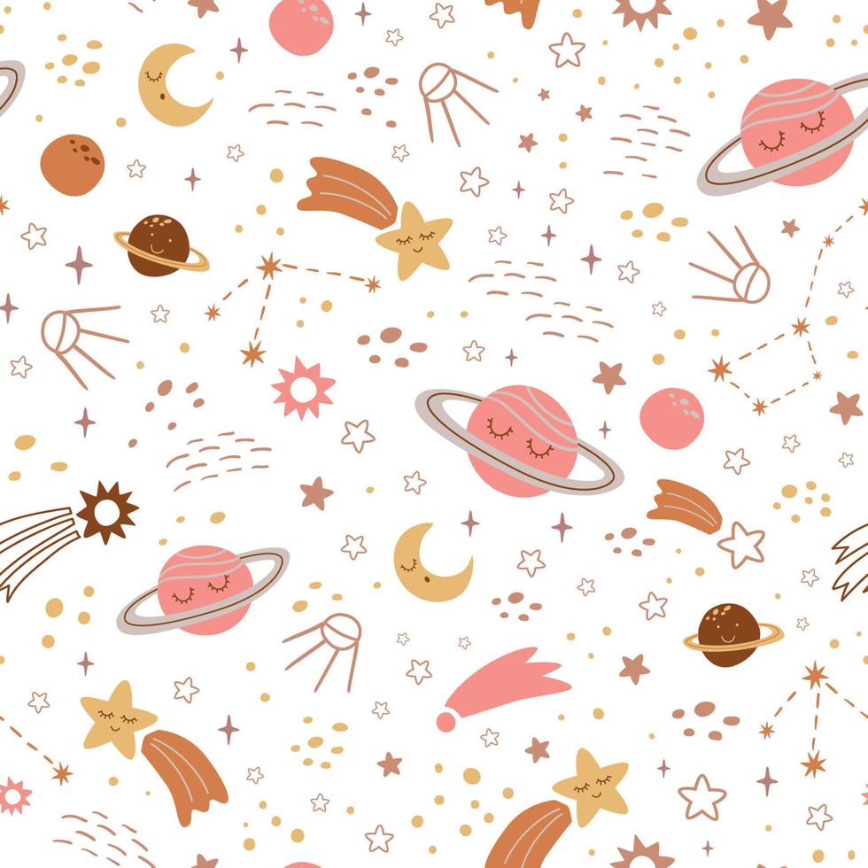 Kids space pattern with hand drawn space elements, cute planets, moon, stars, comet space. Repeated cosmic background. Baby space print, fabric, nursery textile design. Vector illustration.