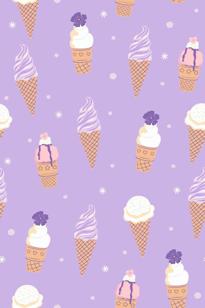Seamless pattern with ice cream in purple colors. Vector graphics.