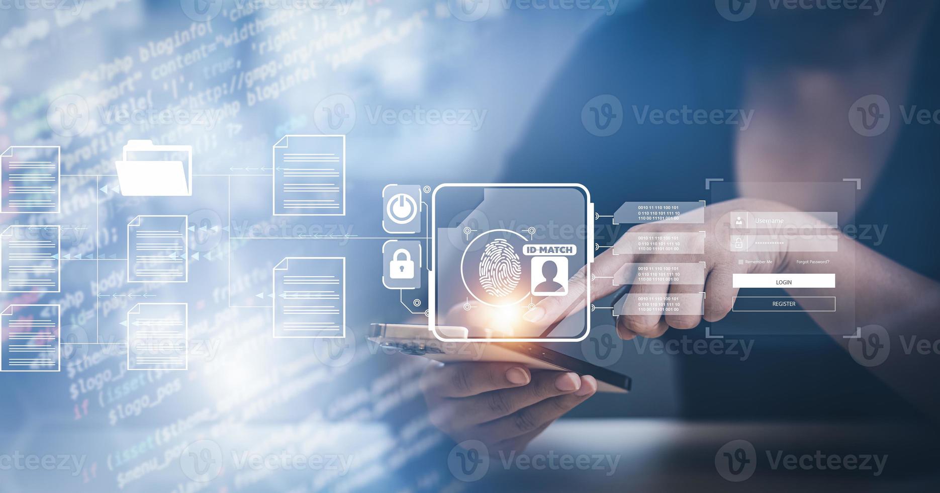 Hand touch fingerprint with virtual global with cyber security, login, User, identification information cyber security and encryption, secure access to users personal information, secure Internet photo