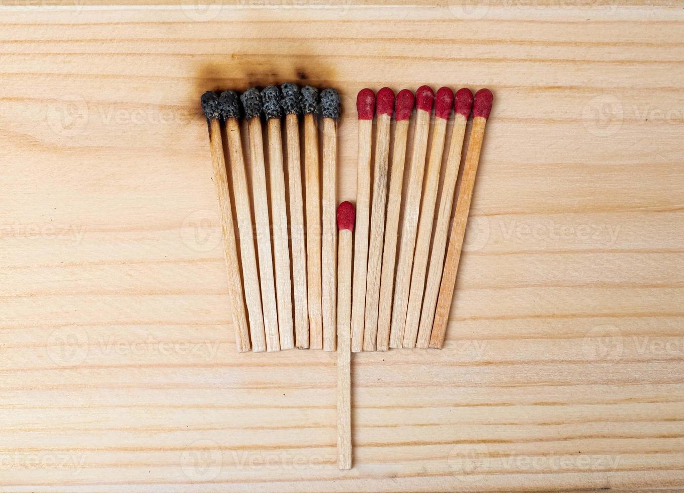 Row of burning matches and all matches on white background. spread of fire one match isolated to stop fire concept of the power of difference photo