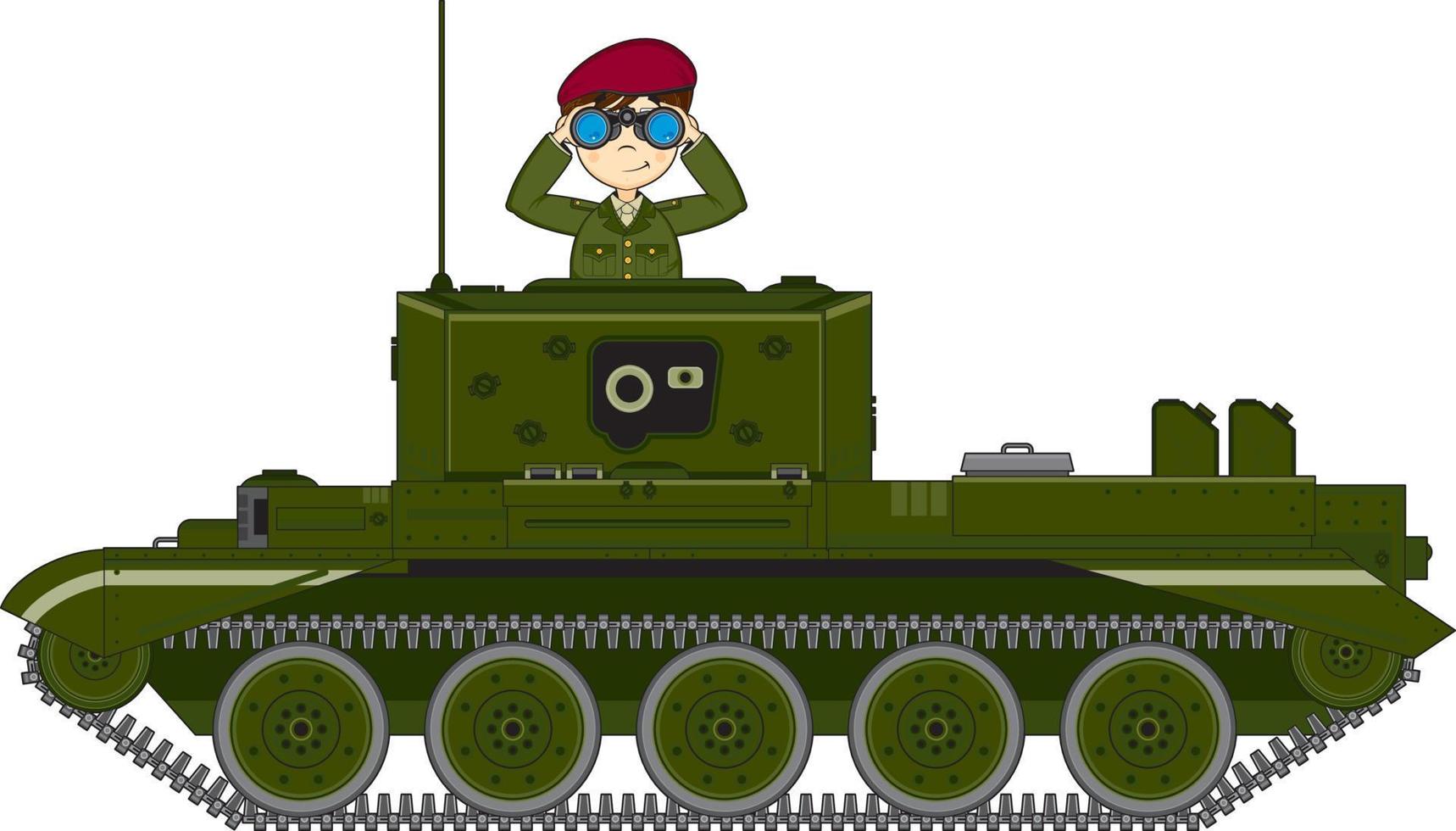 Cute Cartoon Army Soldier with Binoculars in Armoured Tank Military History Illustration vector