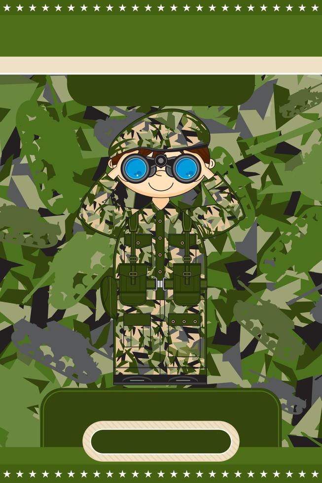 Cartoon Army Soldier with Binoculars on Camo Background Military History Illustration vector