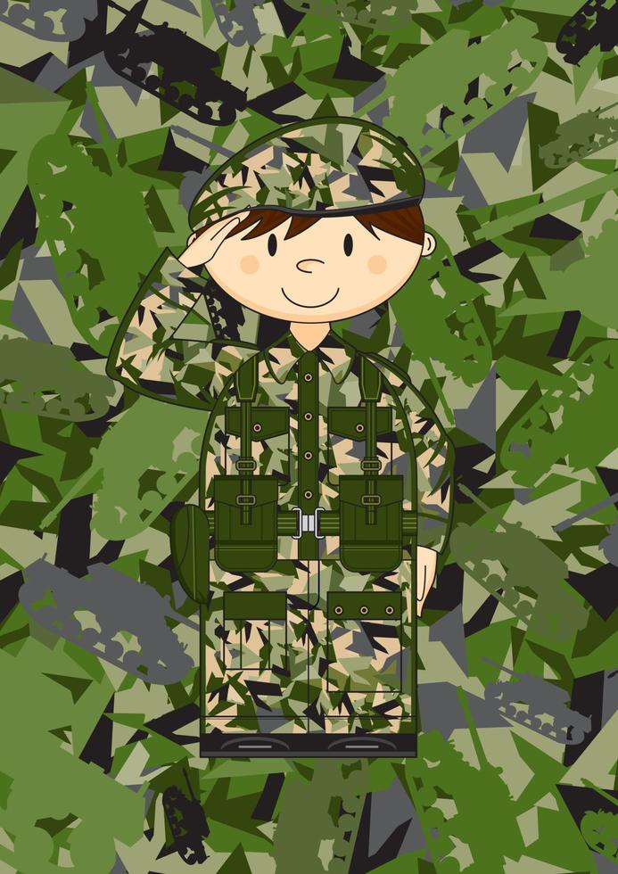 Cartoon Saluting Army Soldier on Camo Background Military History Illustration vector