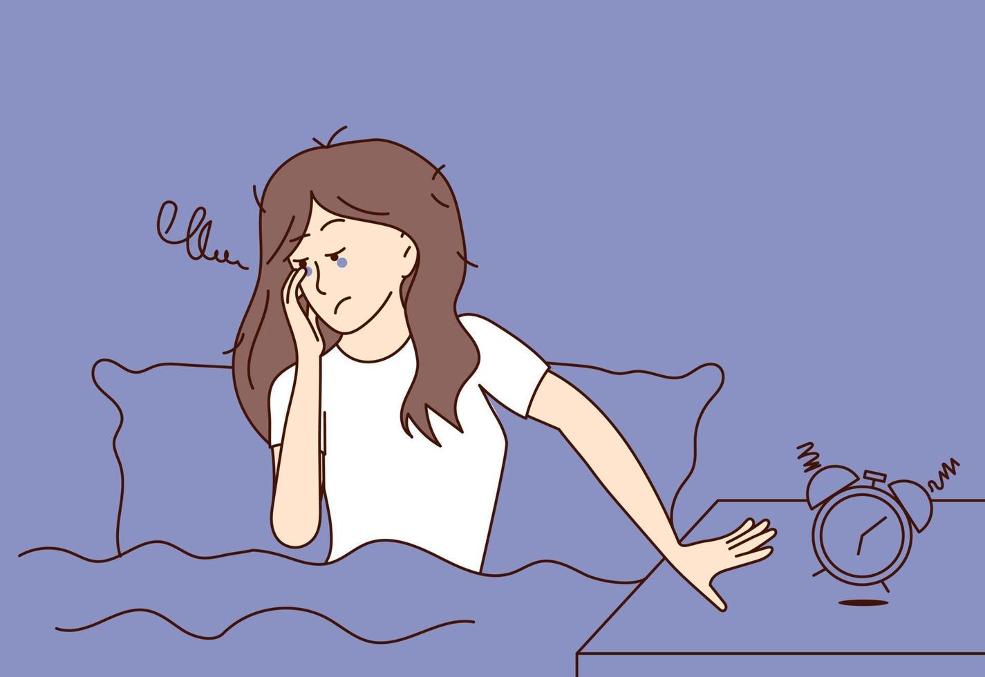 Sleepy and tired woman sits in bed and tries to turn off the alarm clock. Fight insomnia and stress at night. Exhaustion from work. Flat vector illustration