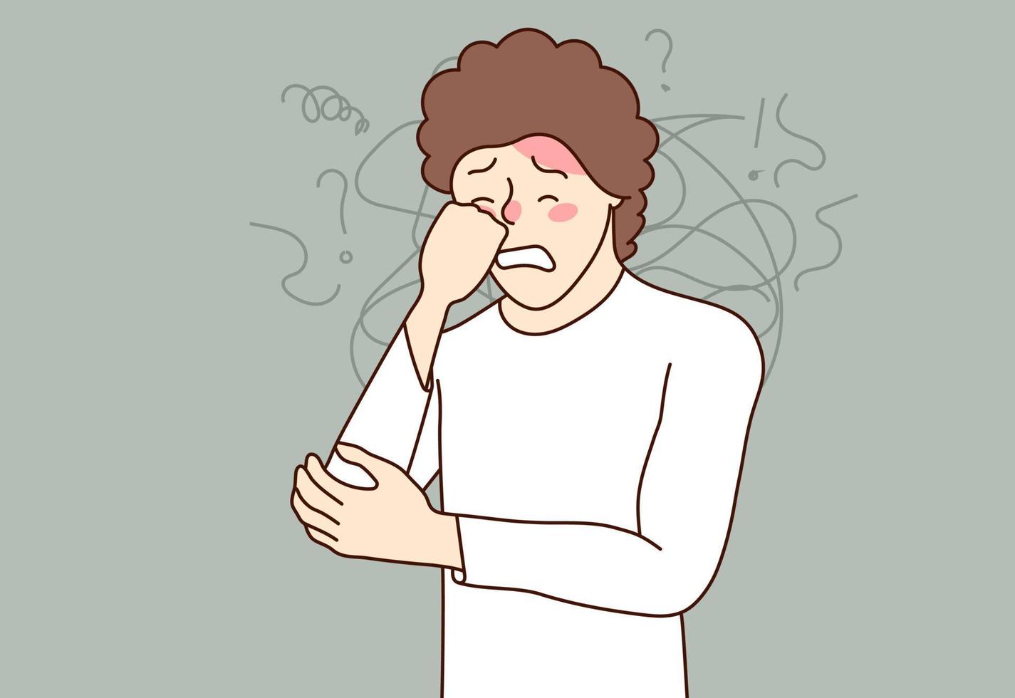An unhealthy man is ill or suffers from headache. The guy has poor health, dizziness, migraine, nausea. People have health problems. Vector illustration