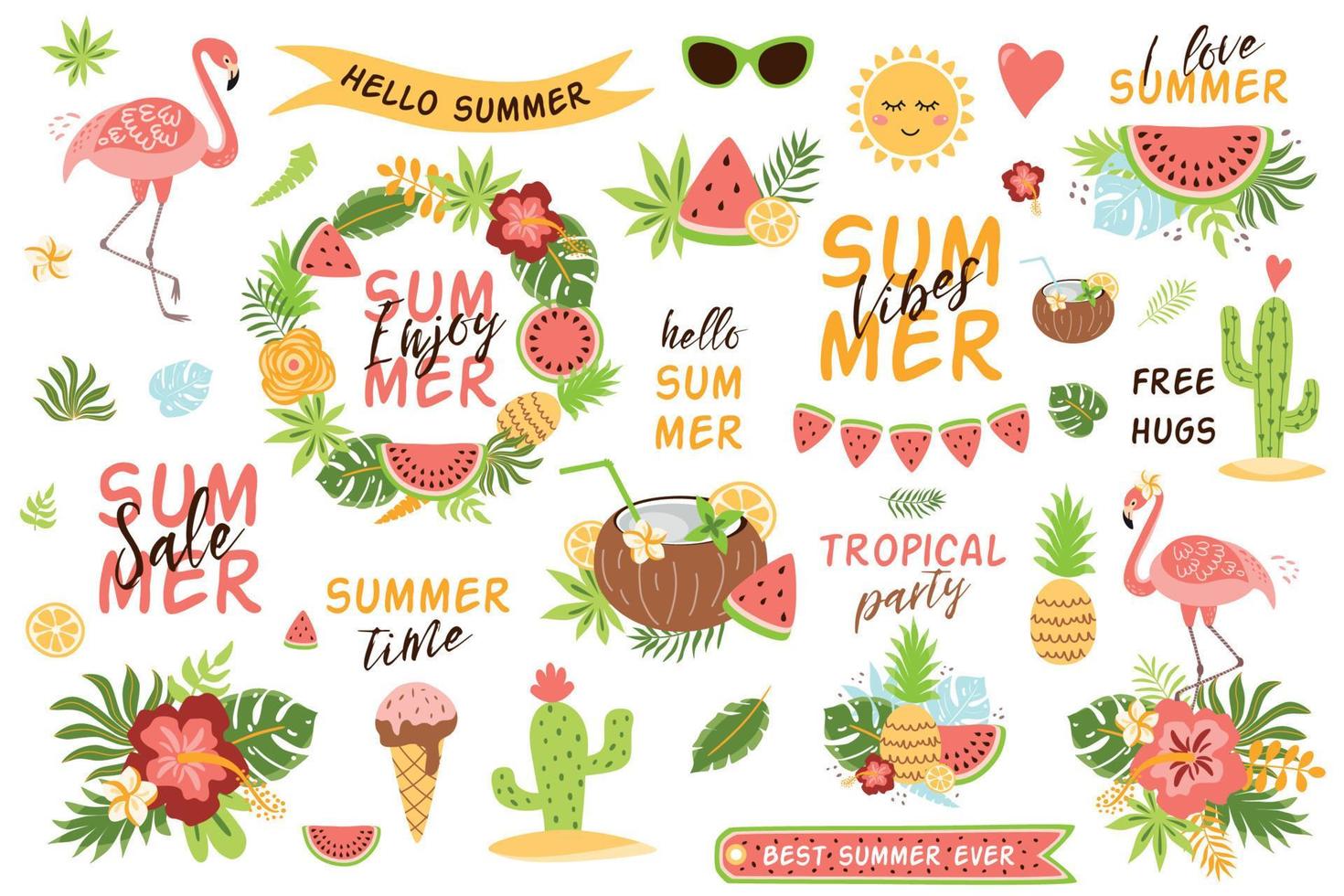 Set of cute summer elements, icons. Flamingo, tropical palm leaves, fruits, coconut drink, watermelon, pineapple Clip art Summer time, phrases, quotes kit. Beach party collection. Vector illustration.