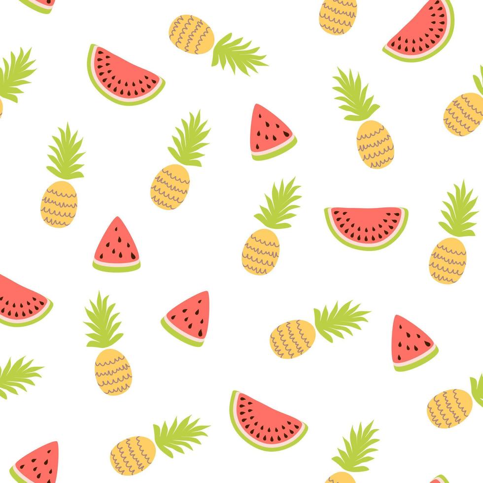 Tropical watermelon seamless pattern, cute yellow pineapple on white. Summer fresh simple endless print. Summer vibes exotic print, textile, paper, beach cocktail party. Summer illustration. vector