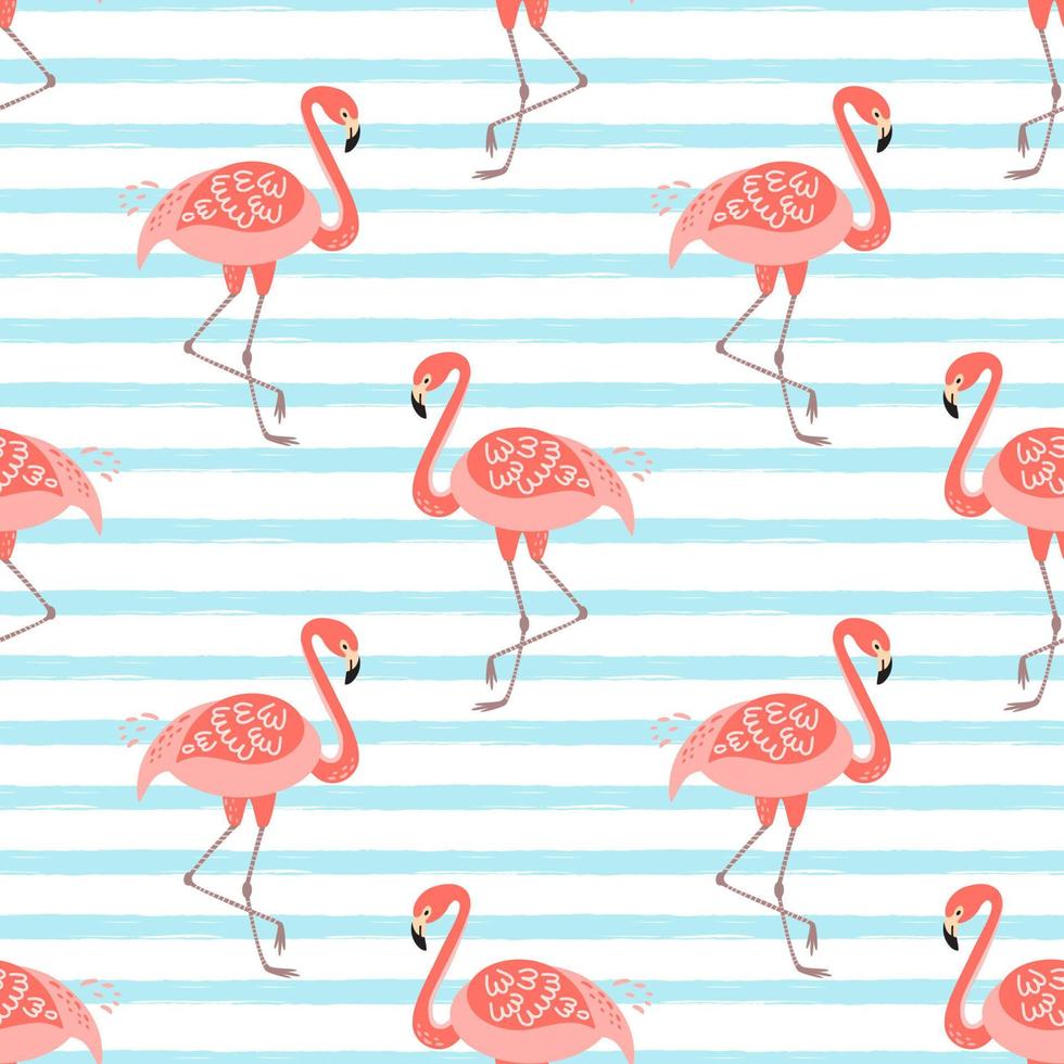 Pink flamingo seamless pattern on blue striped background. Tropical cute print. Funny summer hawaii exotic design. Pink flamingo illustration for textile wallpaper, decorative romantic fabric. vector