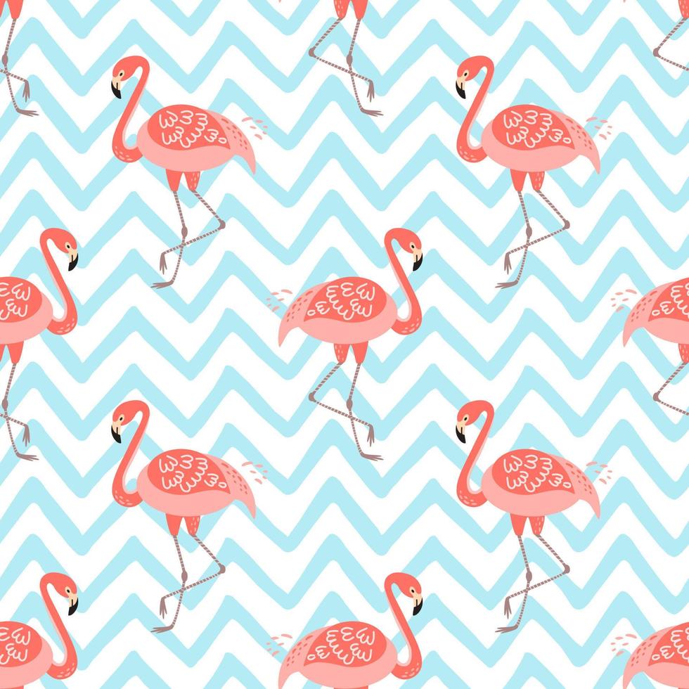 Pink flamingo seamless pattern on blue zig zag background. Tropical cute print. Funny summer hawaii exotic design. Pink flamingo geometric illustration for textile, cloth, decor fabric texture. vector