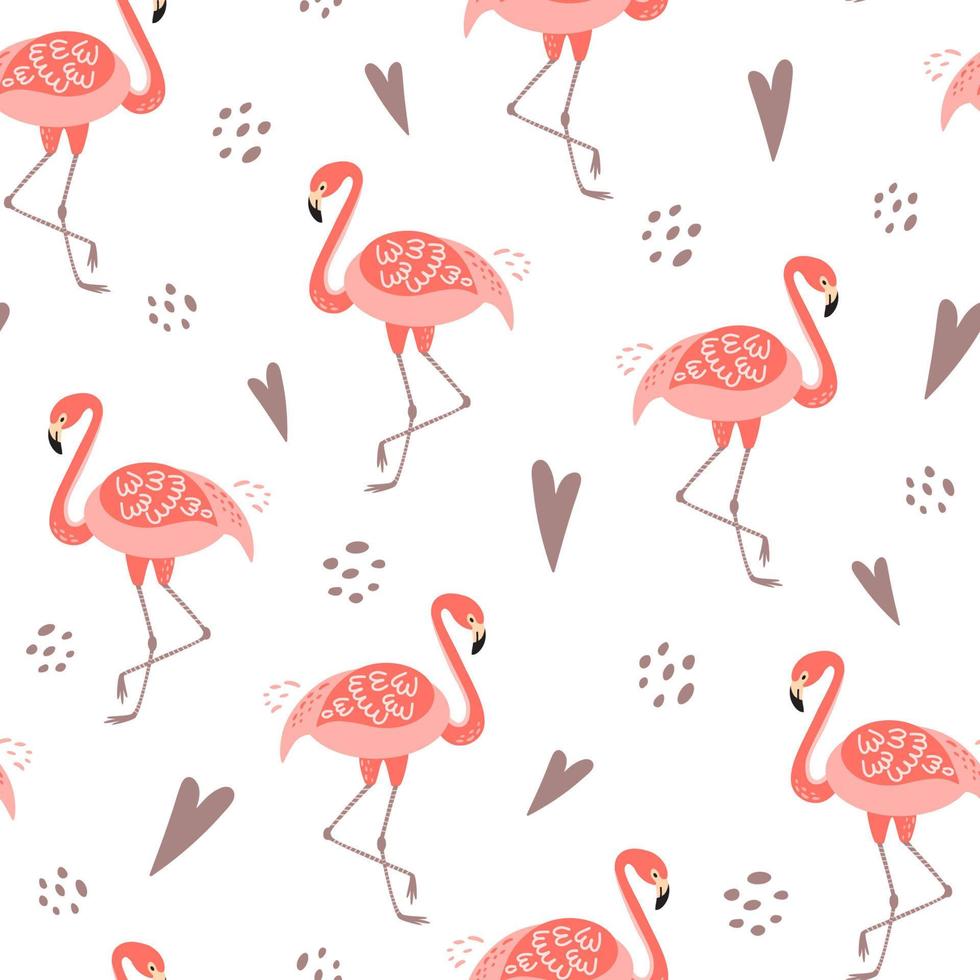Pink flamingo seamless pattern template. Cute flamingo background for girls party invittions, pink hearts on white backgroud. Female girly design. Artistic graphic design. Bird illustration. vector