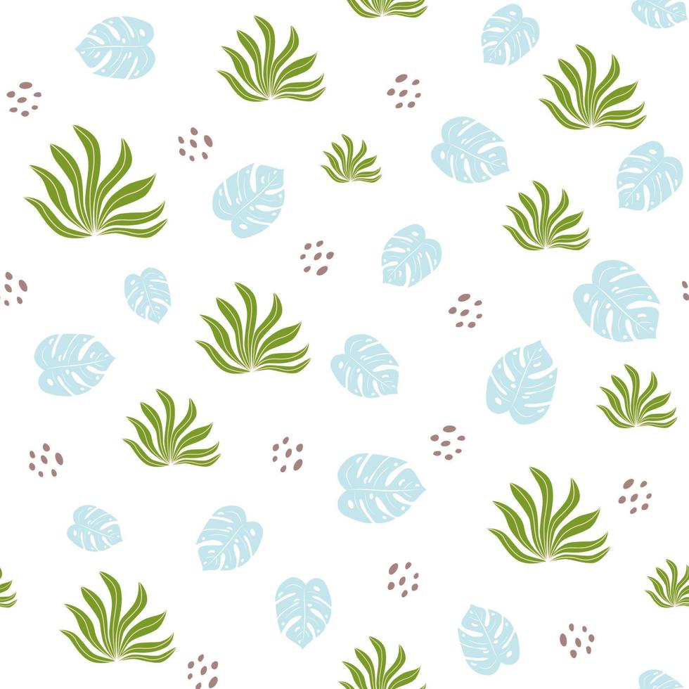 Green tropical plants background. Tropical seamless pattern, blue monstera leaf on white background. Cute jungle print. Summer vibes fabric design. Simple illustration for wallpaper, textile, fabric. vector