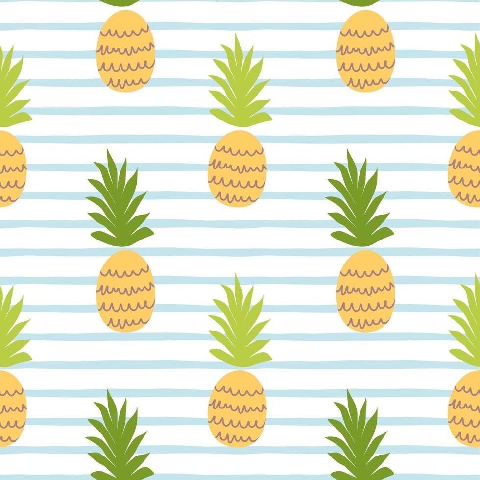Beach summer pattern with pineapple. Cute tropical fruit on blue lines seamless background. Fabric textile fruit patterns design. Tropical exotic fruits print Striped illustration. Pineapple wallpaper vector