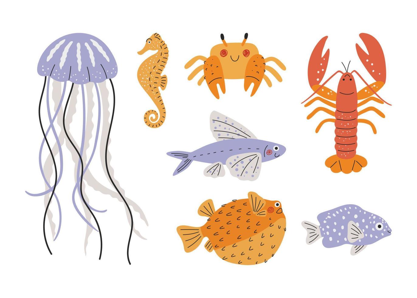Sea life set. Hand drawn jellyfish, crab, seahorse, lobster, flying fish, puffer fish. Colorful marine characters for kids design vector