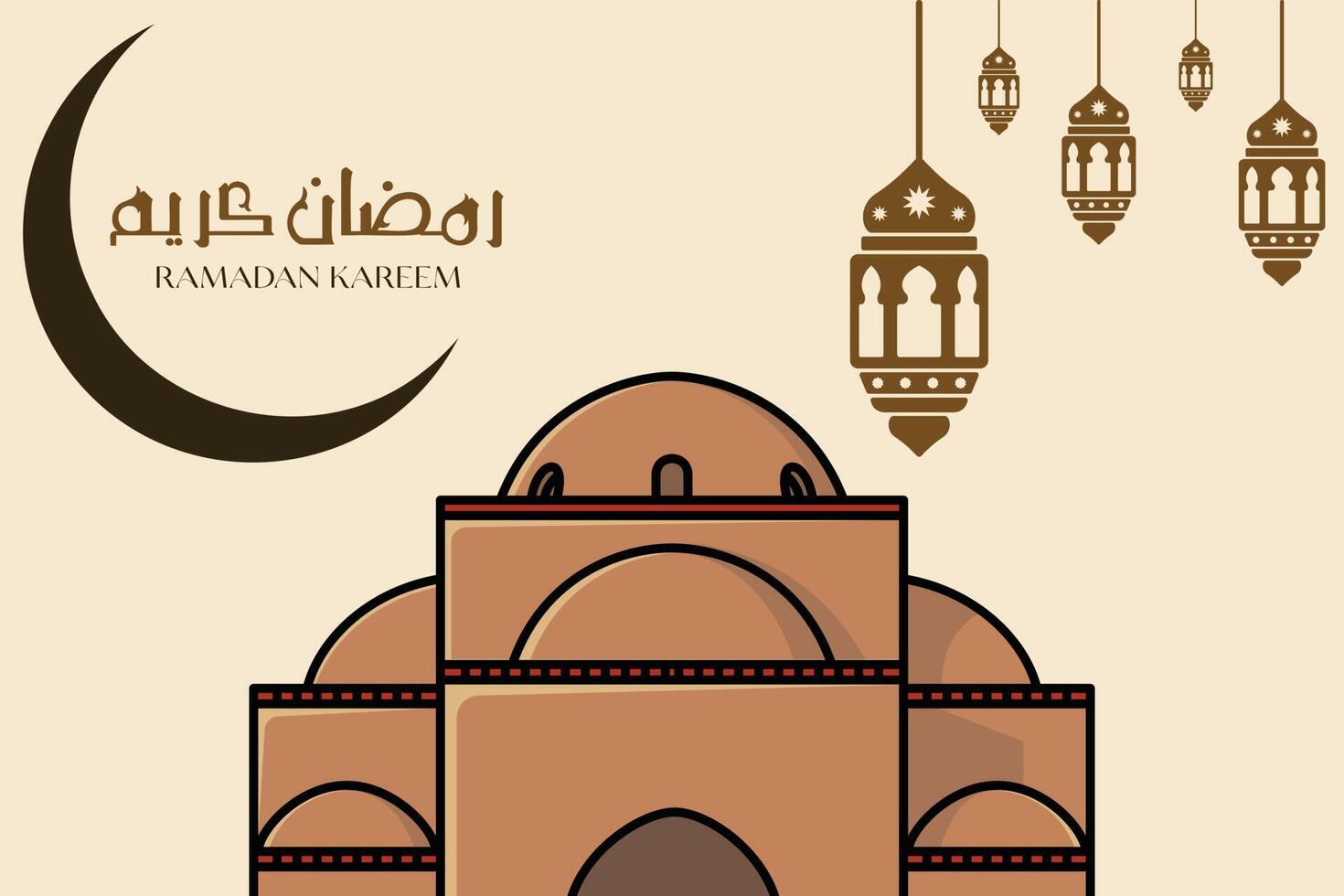Modern Style Ramadan Mubarak greeting cards design, moon, mosque dome and lanterns. Ramadan Kareem vector greeting post design. Islamic holiday icon concept. Ramadan Kareem Arabic calligraphy design.