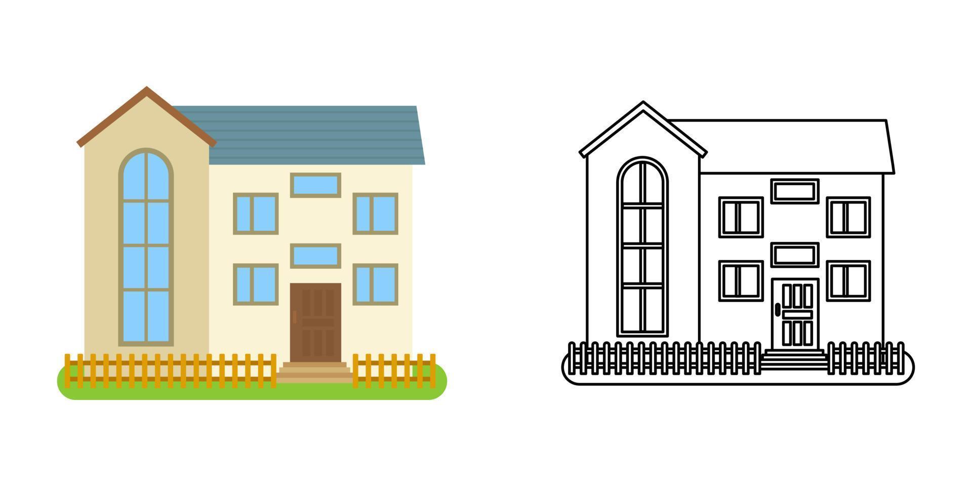 House front view in flat and line style on white background. Isolated cottage and real estate building facade. Vector illustration