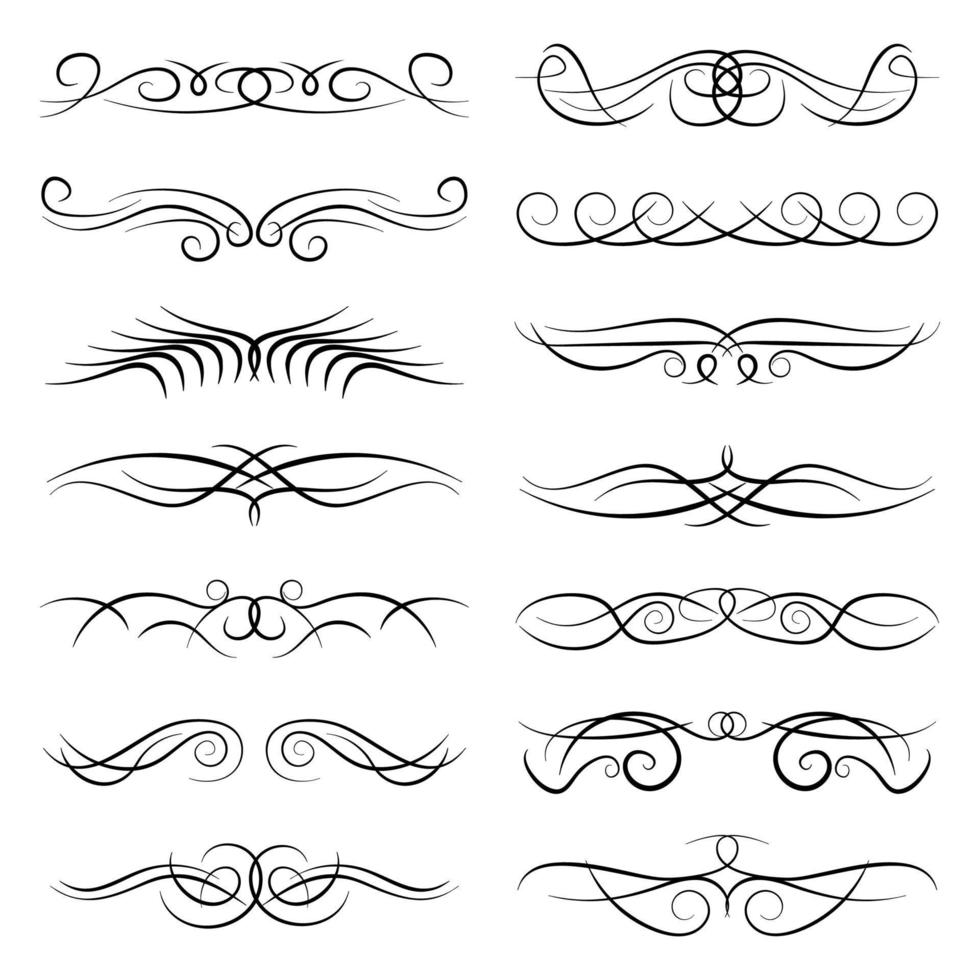 Set of vintage decorative curls, swirls, monograms and calligraphic borders. Line drawing design elements in black color on white background. Vector illustration.