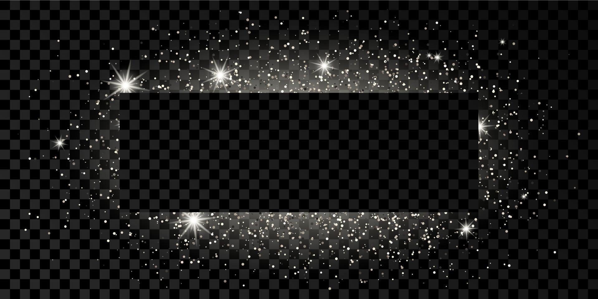 Silver rectangle frame with glitter, sparkles and flares on dark vector