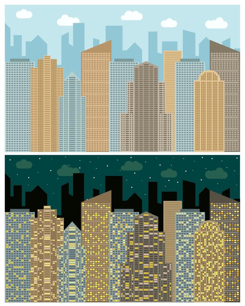 calle ver con paisaje urbano, rascacielos y moderno edificios en el día y noche. vector urbano paisaje ilustración.