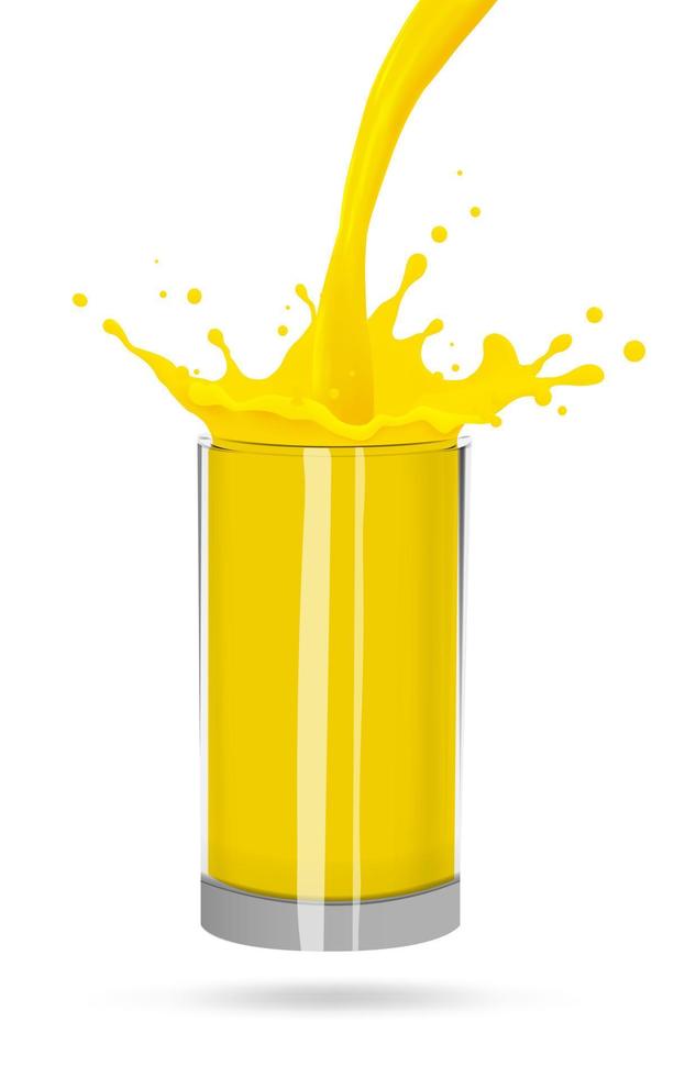 glass of orange juice, splatter orange splashes of paint, 3d realistic vector illustration
