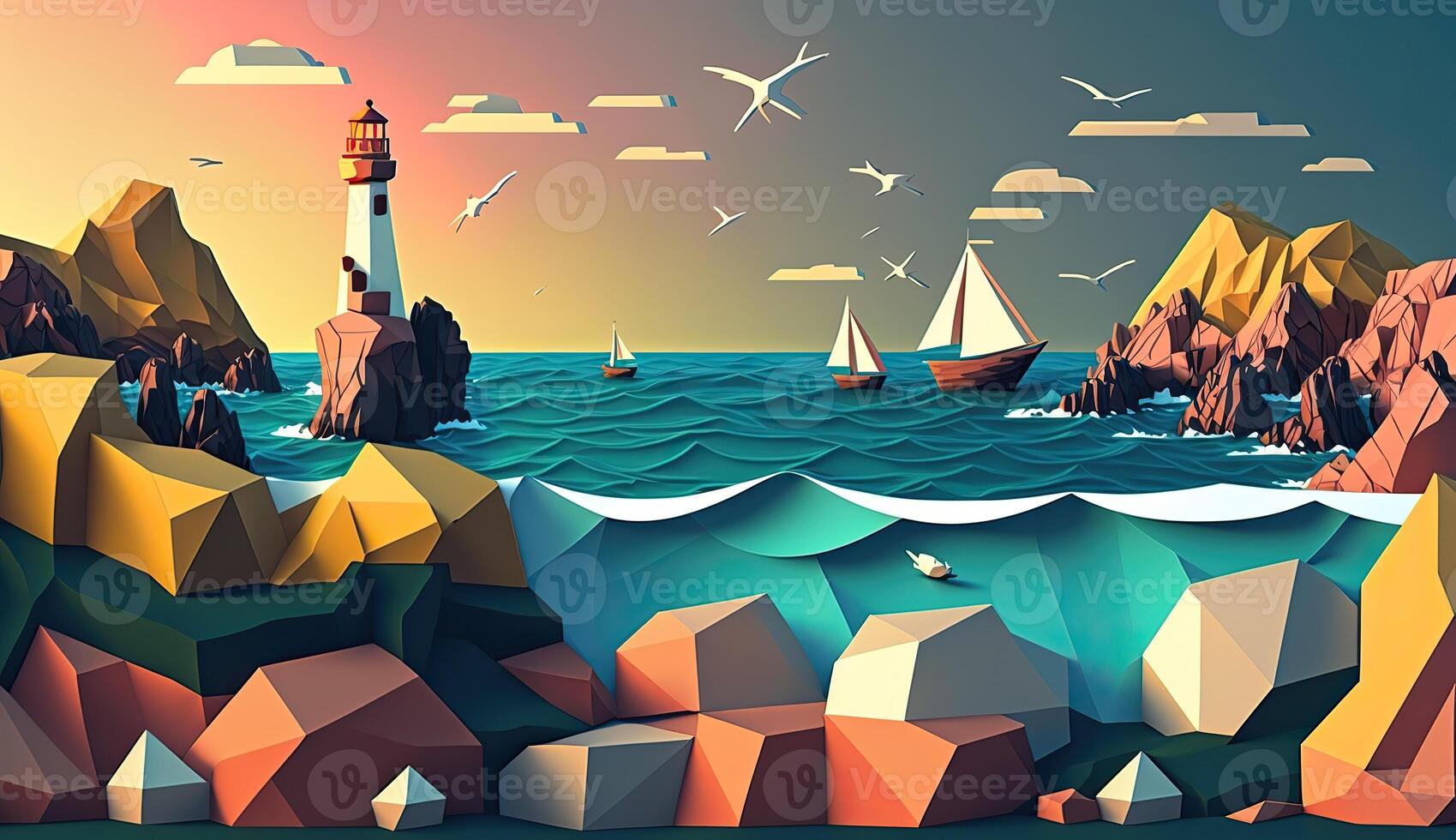 . . Low Poly cartoon kid style beach sand sea seaside island. Can be used for home decoration or adventure trip inspiration. Graphic Art photo