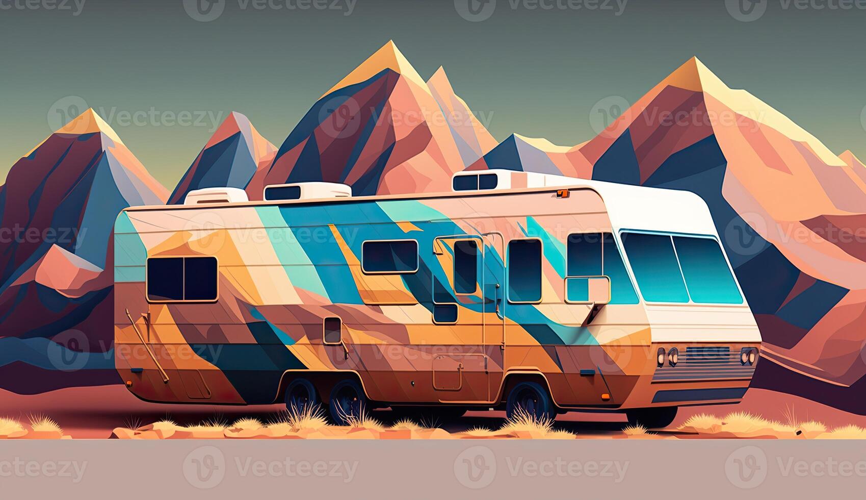 ai generado. ai generativo. bajo escuela politécnica dibujos animados niño estilo camper rv camioneta con montañas. lata ser usado para aventuras inspiración o decoración. gráfico Arte foto