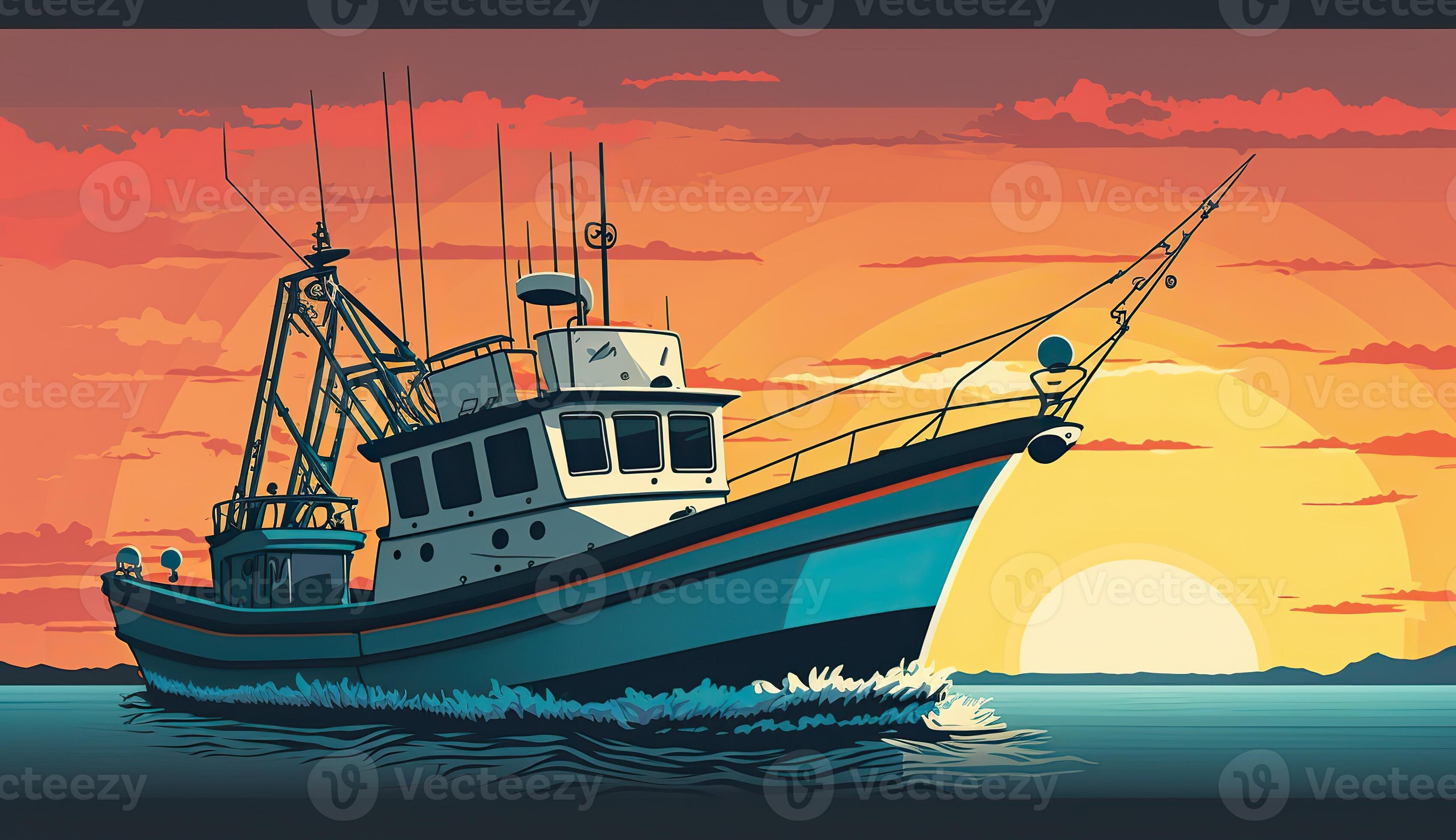 Fishing boat at sunset sea ocean. Can be used for graphic design or