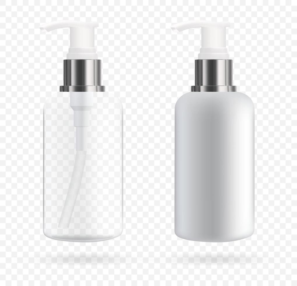 Cosmetic bottle with dispenser for soap and cosmetics. Mockup of packaging for liquids. Vector 3d illustration.