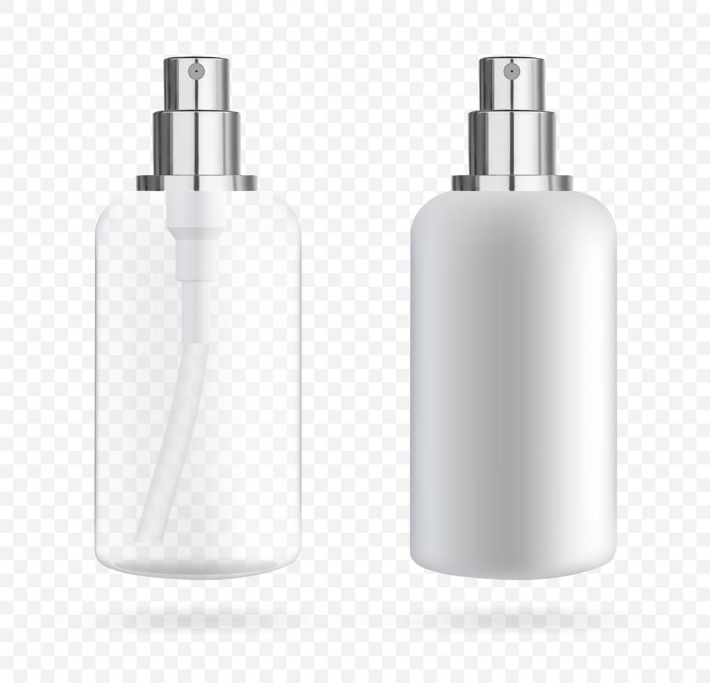 Cosmetic bottle with dispenser for soap and cosmetics. Mockup of packaging for liquids. Vector 3d illustration.