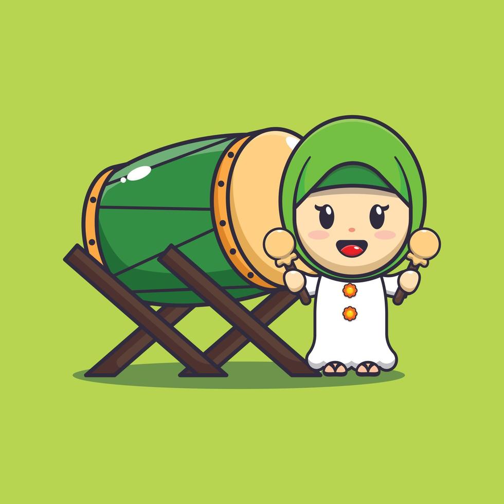 Cute girl with bedug drum cartoon vector illustration. Ramadan cartoon mascot vector illustration.