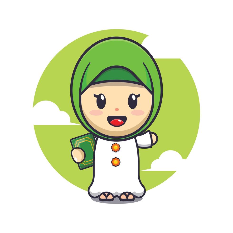 linda niña participación libro dibujos animados vector ilustración. Ramadán dibujos animados mascota vector ilustración.