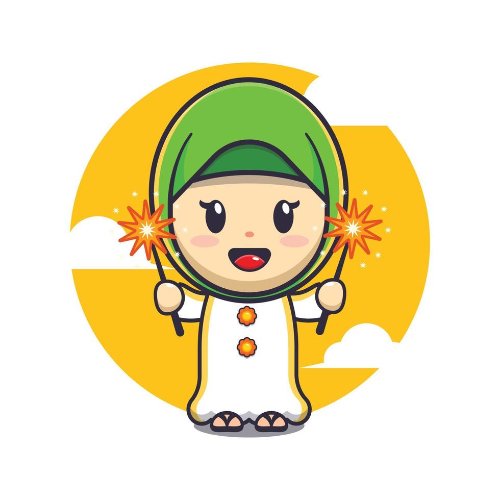 Cute girl playing firework in ramadan day cartoon vector illustration. Ramadan cartoon mascot vector illustration.